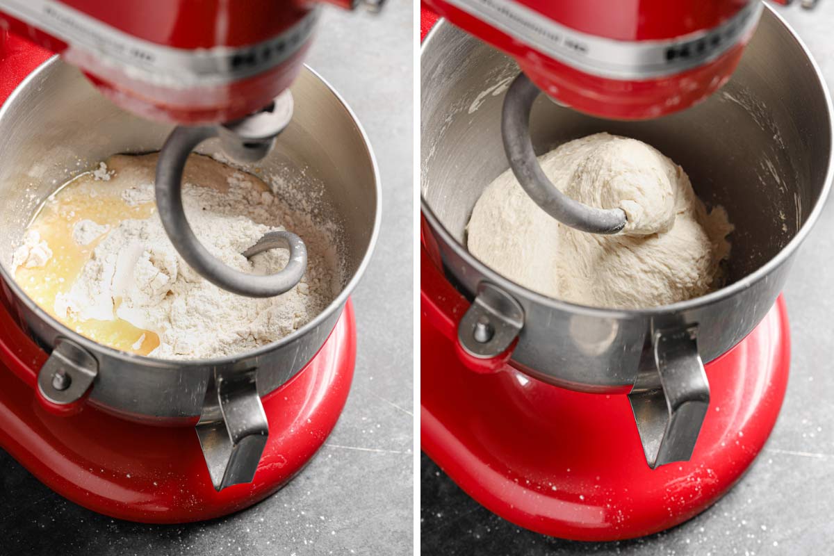 Side by side photos of the smooth pretzel dough being mixed with a dough hook in a red stand mixer