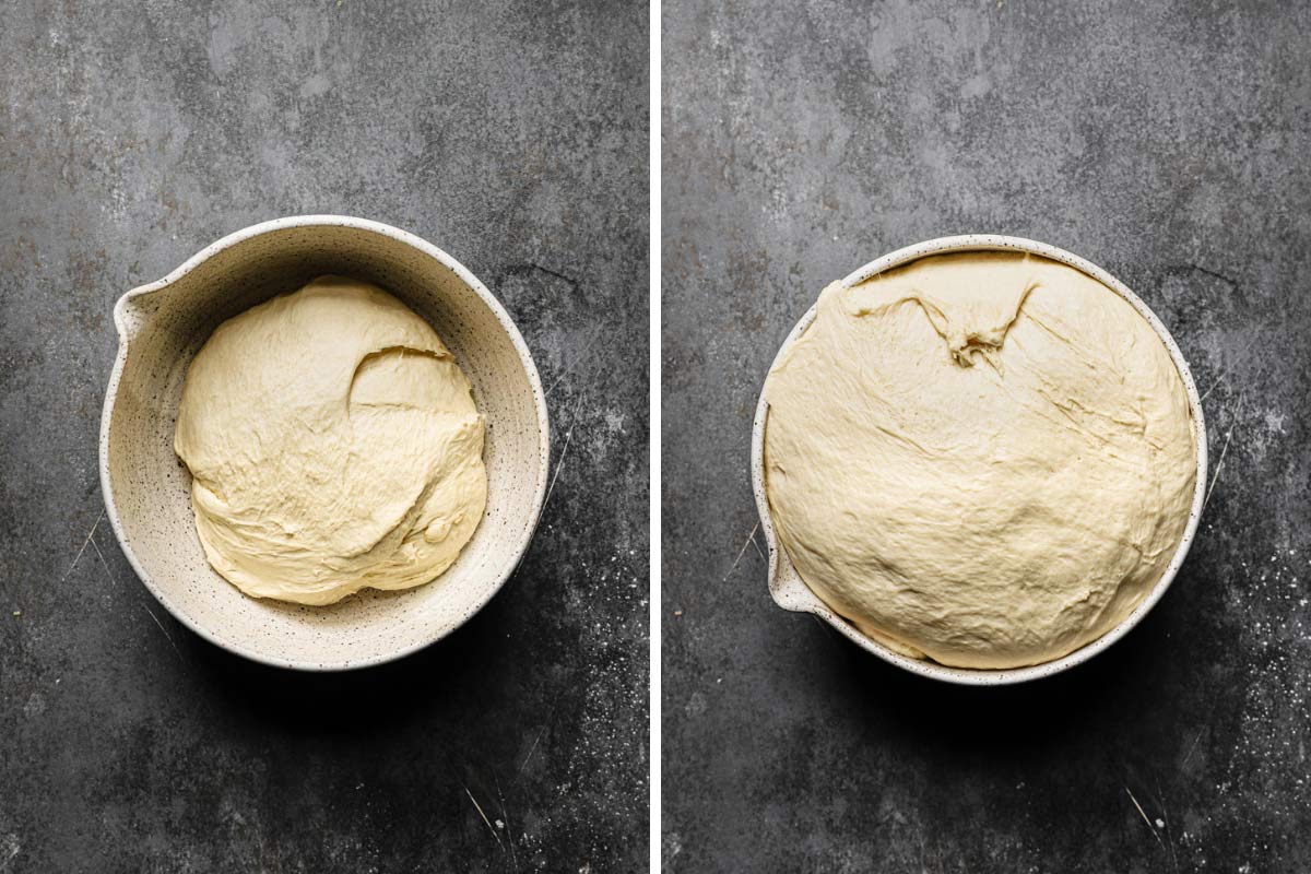 Side by side photos of the unrisen and risen soft pretzel dough 