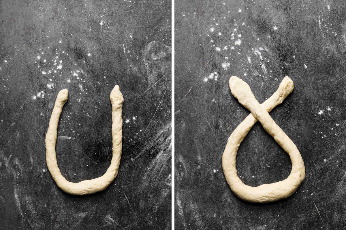 Step by step photos of how to shape soft pretzels.