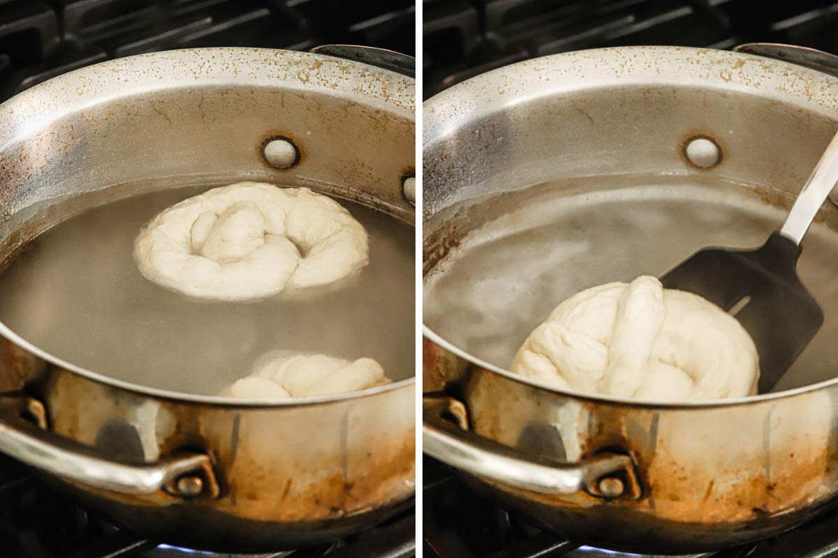 The shaped soft pretzel dough being quickly dunked in a hot water bath to get the smooth crust we're looking for once baked