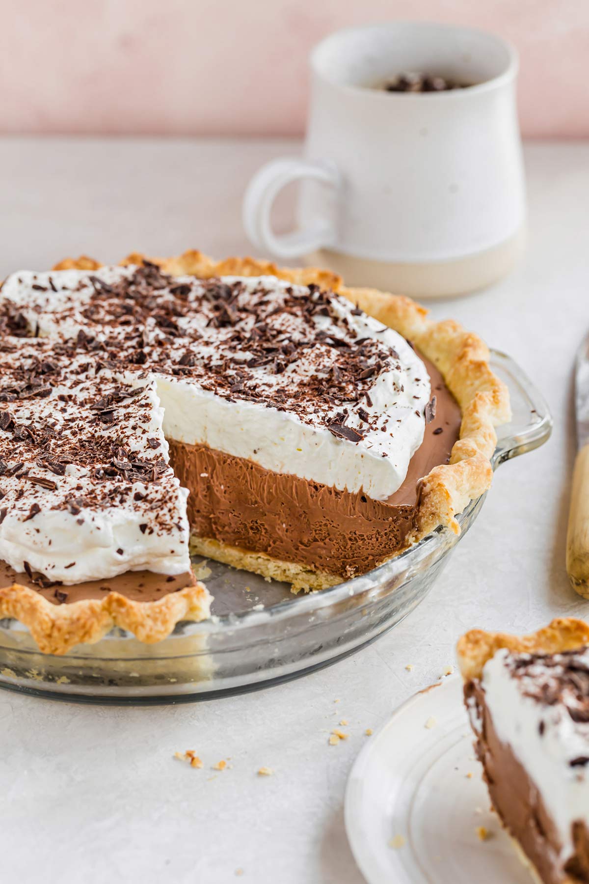 A French silk pie with a slice taken out.