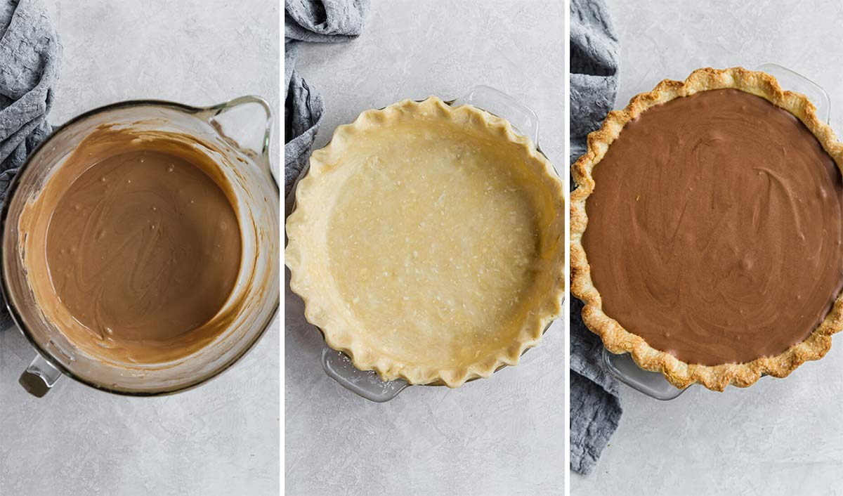 Three photos of filling the pie shell for French silk pie.