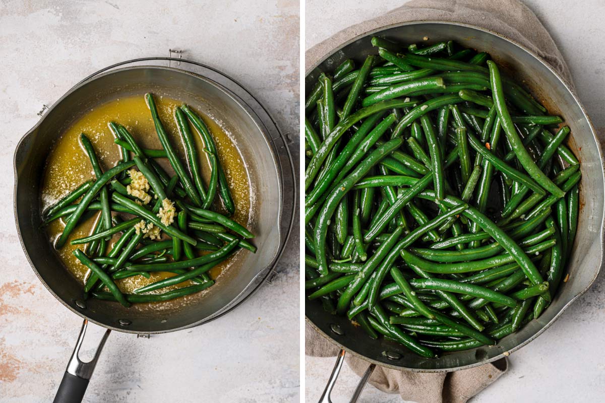 Green beans in a stainless steel skillet with butter and garlic.