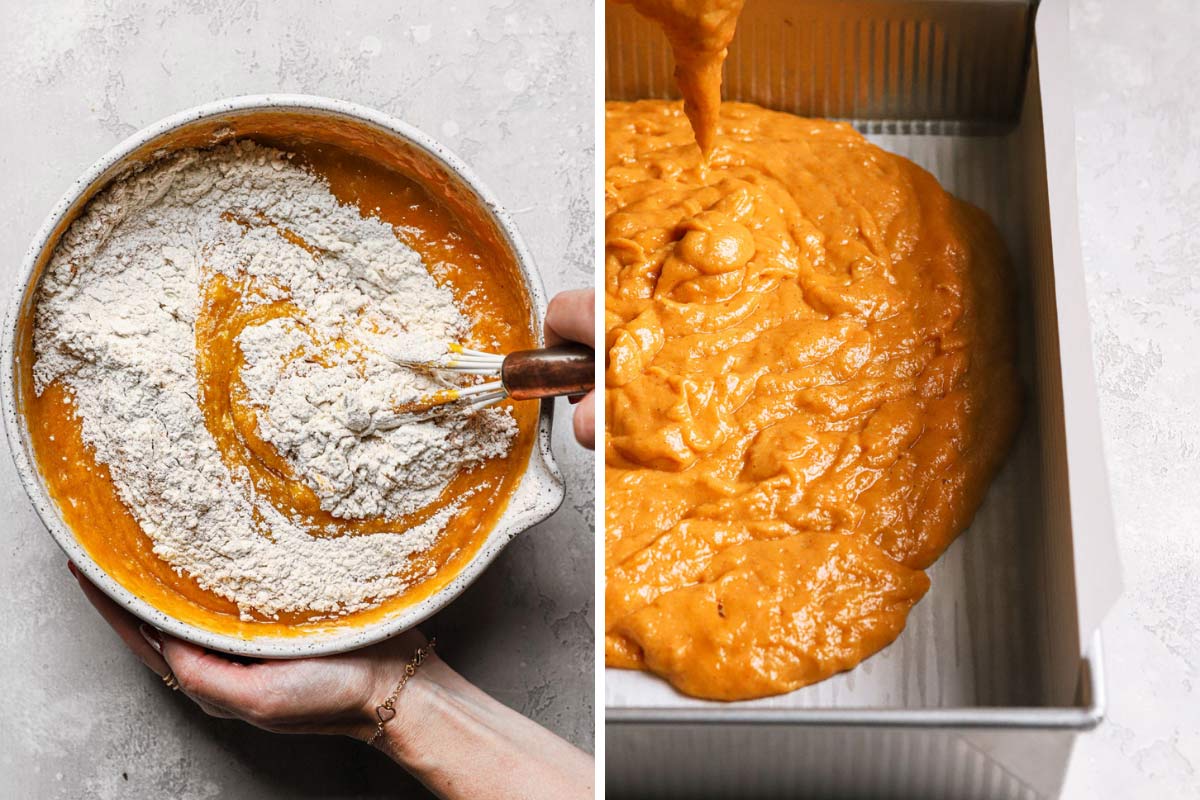 Side by side photos of pumpkin bars batter whisked together and then poured into baking pan.