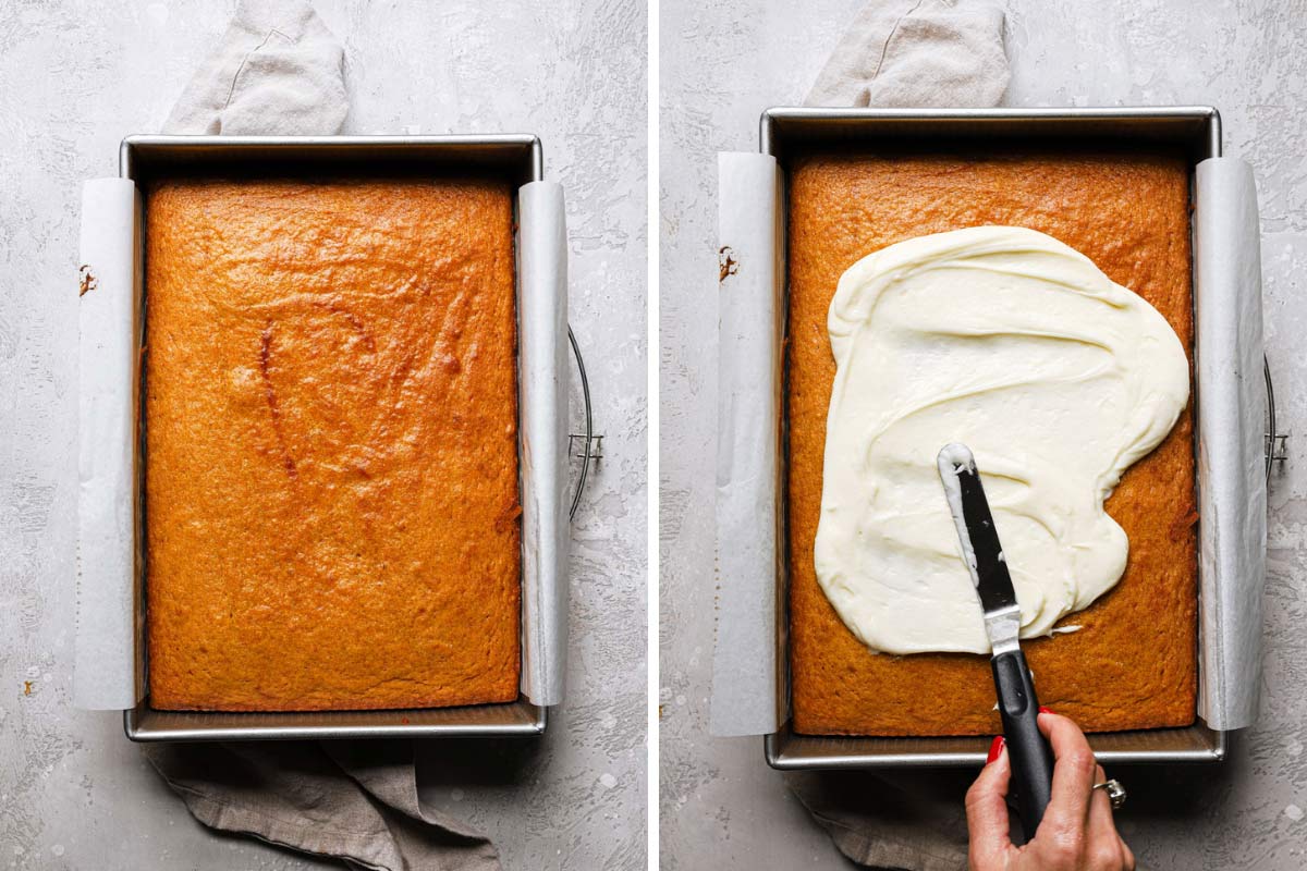 Pumpkin bars baked in pan and being frosted with offset spatula.