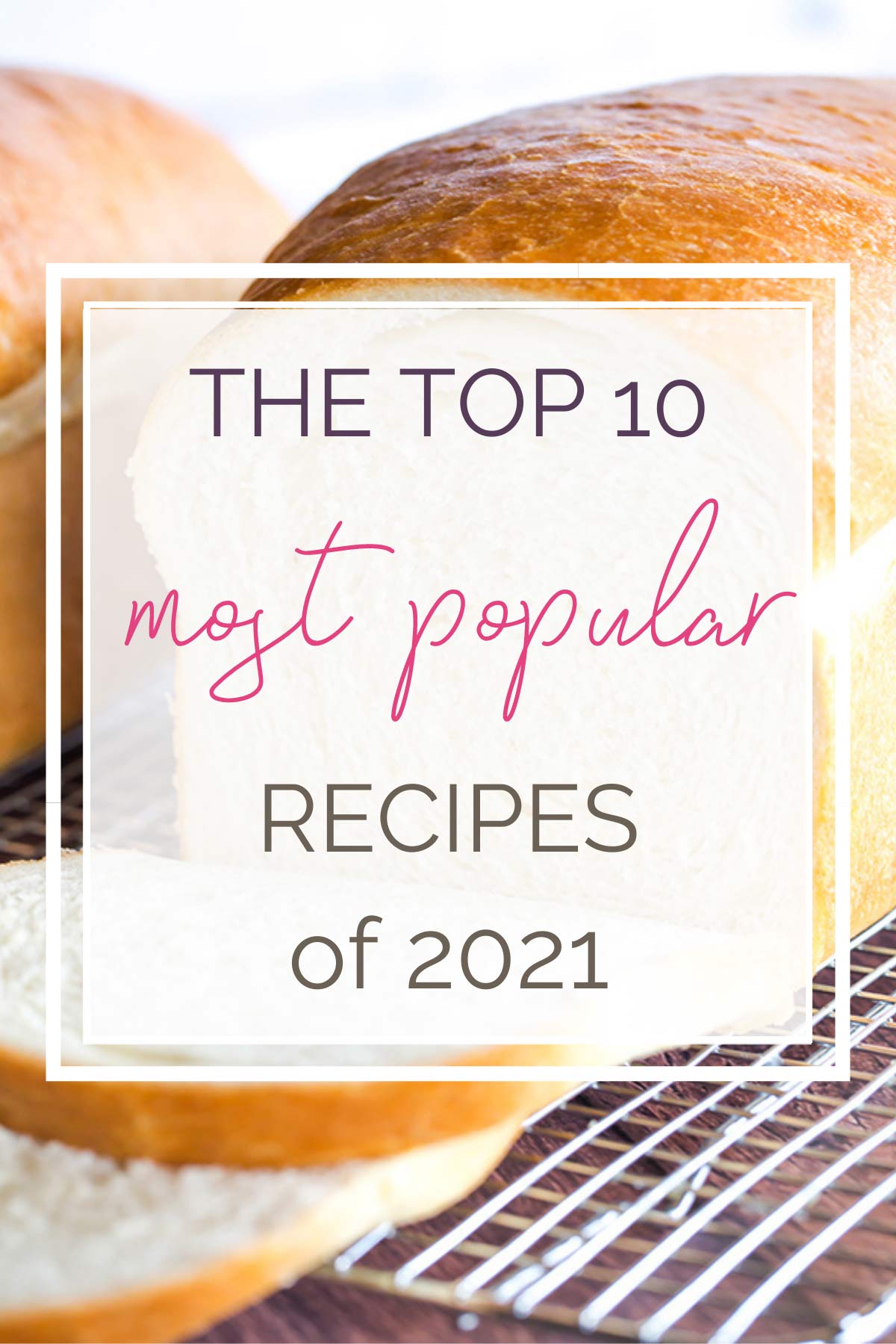 Loaf of white bread with text overlay "the top 10 most popular recipes of 2021".