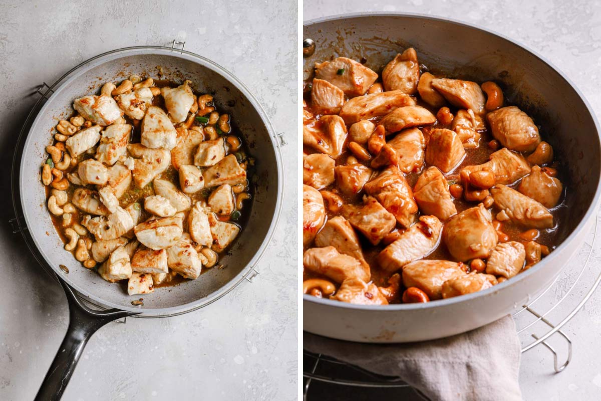 Chicken and cashews in a frying pan with a thick sauce.