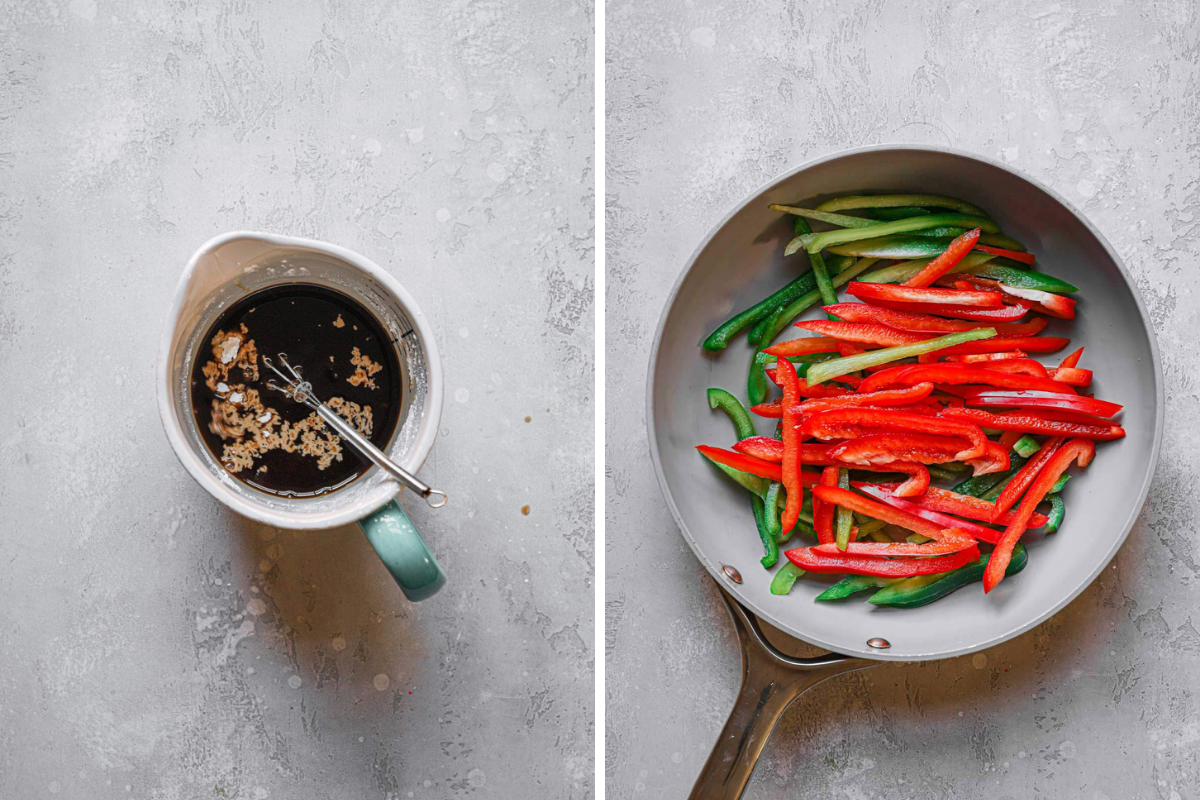 Stir fry sauce in a measuring cup and red and green peppers in frying pan.