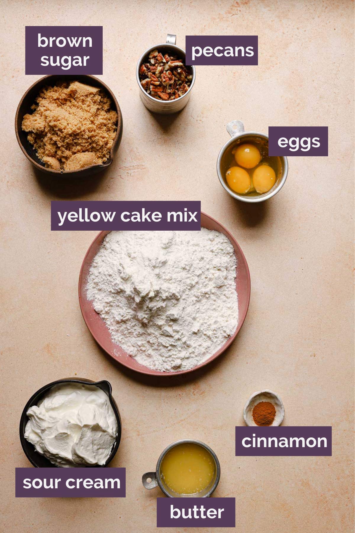 Ingredients for coffee cake using a yellow cake mix prepped and labeled.
