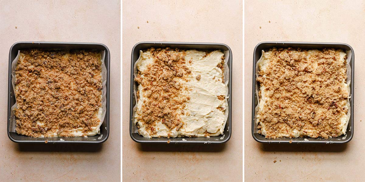 Step by step photos of layering coffee cake filling, batter, and topping.