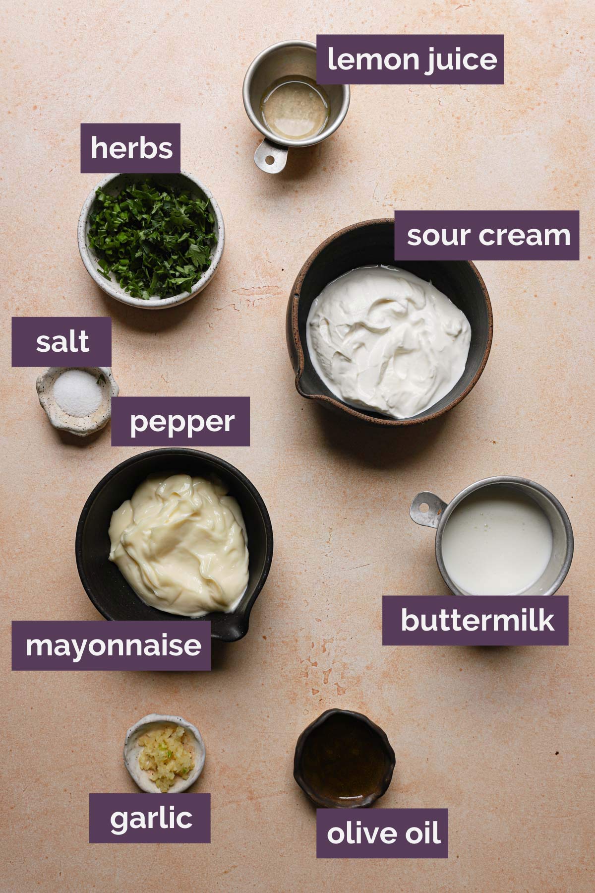 Ingredients for ranch dressing with buttermilk prepped and labeled.