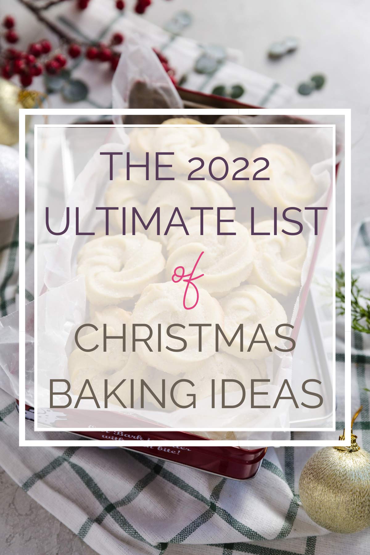 Danish butter cookies in holiday tin with text overlay "The 2022 Ultimate List of Christmas Baking Ideas".