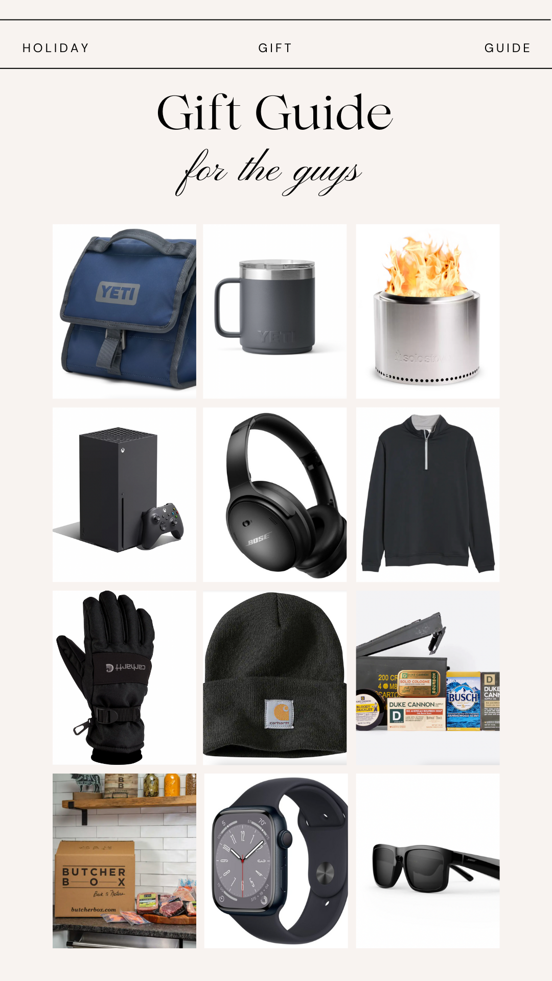 Collage of images with text "Gift Guide for the guys".