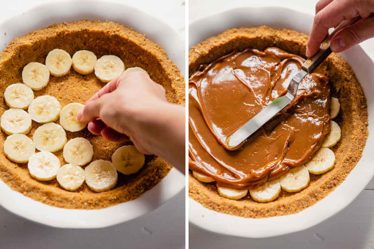 Side by side photos of sliced bananas on top of graham cracker crust, then dulce de leche spread over bananas.