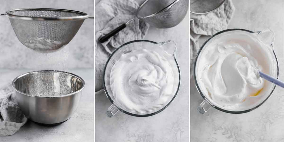 Series of photos showing sifted cake flour being folded into whipped egg whites.