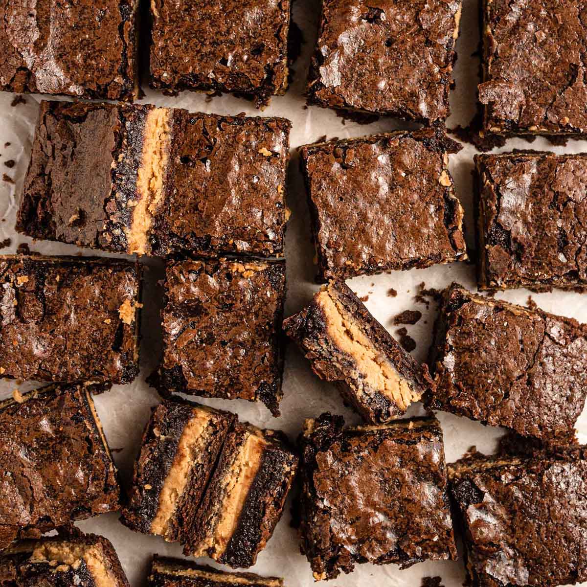 Overhead photo of cute squares of peanut butter brownies, some turned on their sides.
