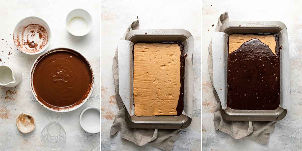 Step-by-step photos showing brownie batter in pan, peanut butter filling on top, and remaining brownie batter poured on top.