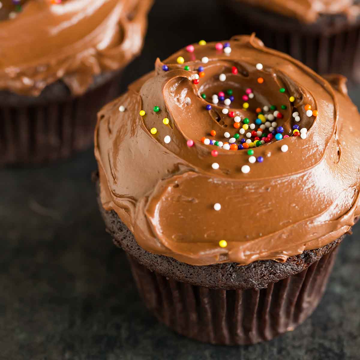 Chocolate cupcake with chocolate frosting and rainbow-colored non pareils sprinkled on top.