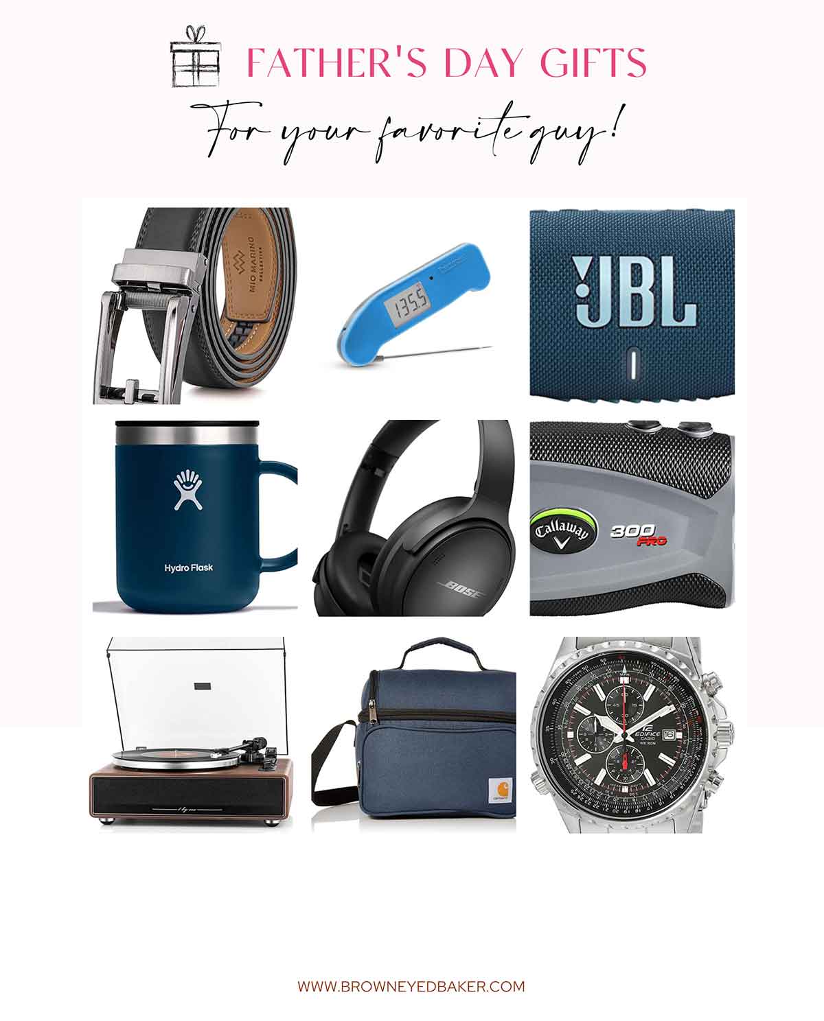 Text "Father's Day Gifts for your favorite guy" with collage of nine images.