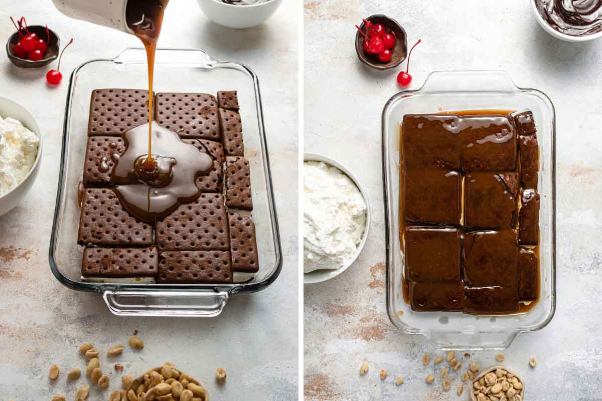 Pouring caramel sauce over ice cream sandwiches in a glass baking dish.