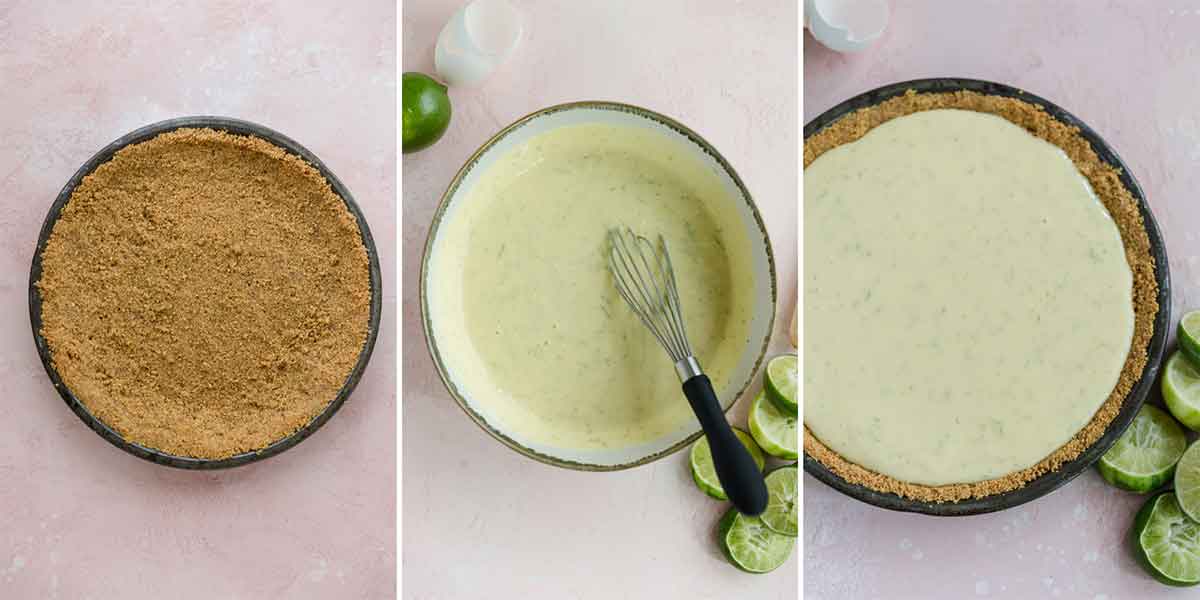 Collage of photos showing graham cracker crust, key lime pie filling, and the filling inside the crust.