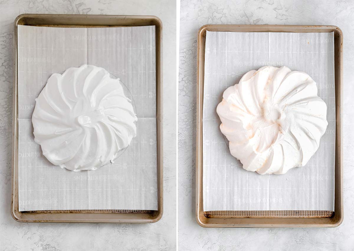 Meringue on a baking sheet in a decorative swirl, before and after baking.