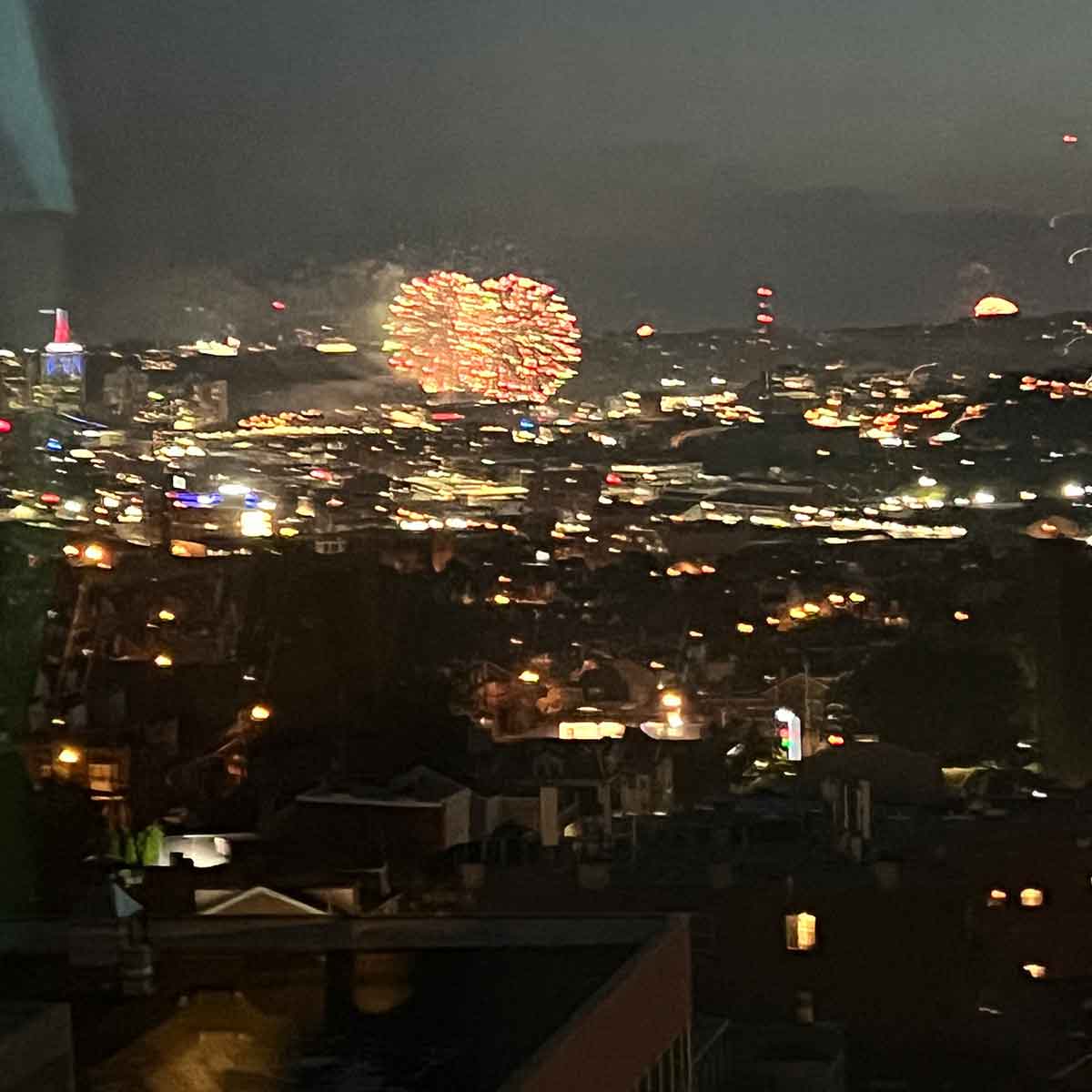 Fireworks over a city skyline.