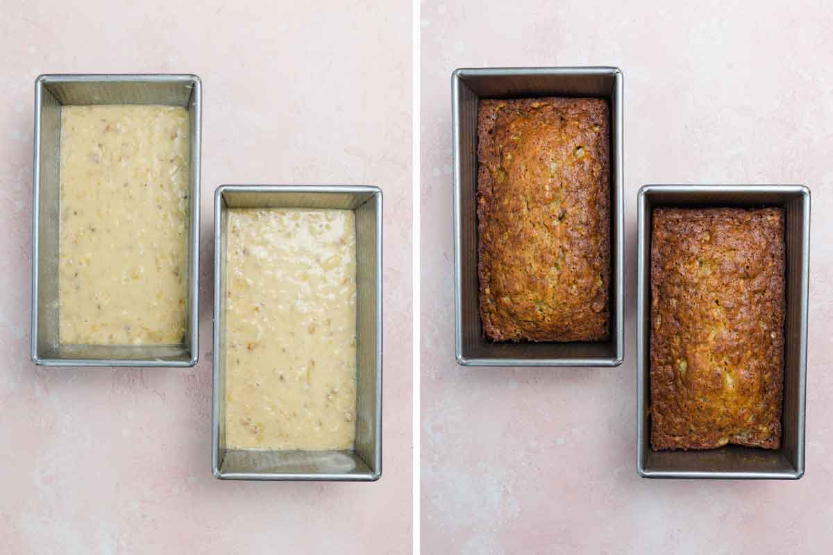 Side by side photos of two loaf pans, the first with the batter in the pan, the second with the baked loaves.