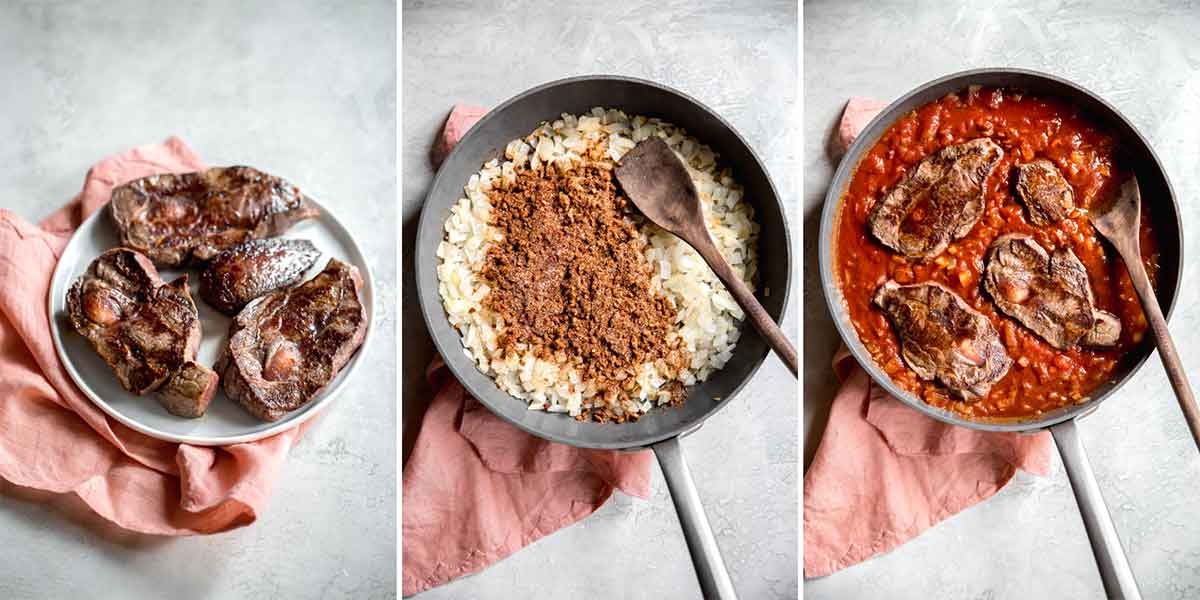 Three photos showing seared beef, sauteed onion and spices, and beef in a tomato sauce.