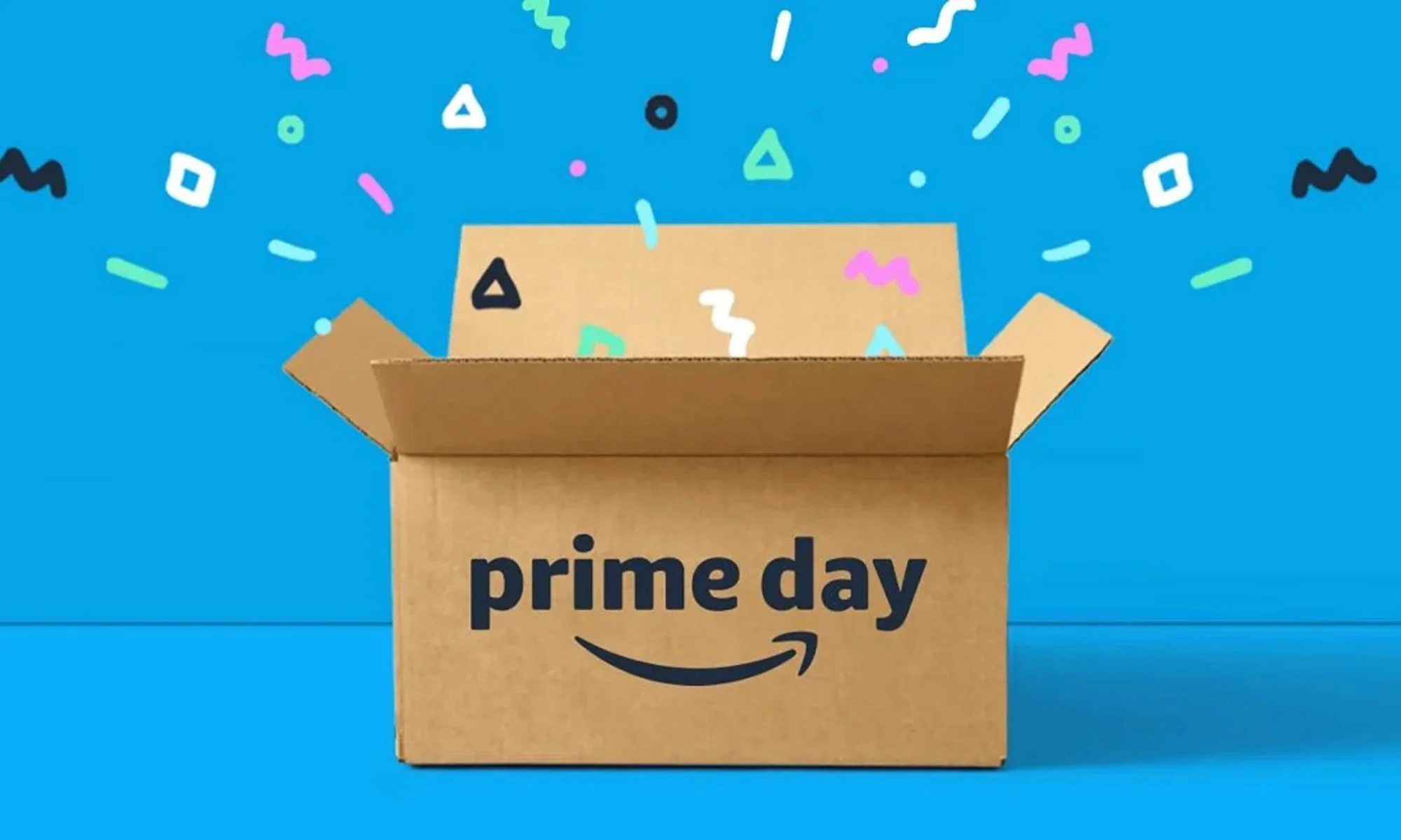 Cardboard box with words "prime day" on it on blue background.