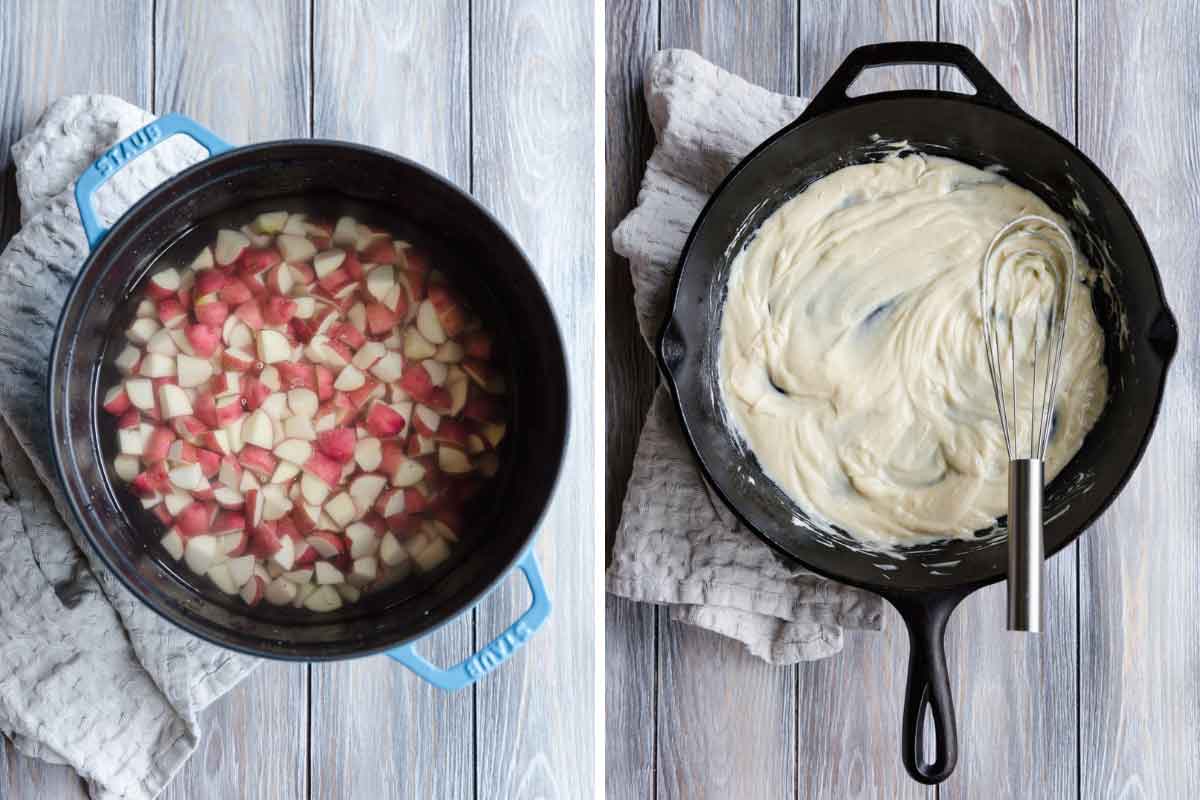 Side by side photos of potatoes boiling and potato salad dressing and a whisk in a cast iron skillet.