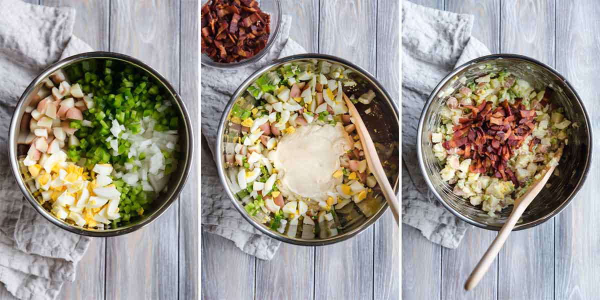 A trio of images showing potato salad being mixed together with other ingredients, dressing, and bacon.
