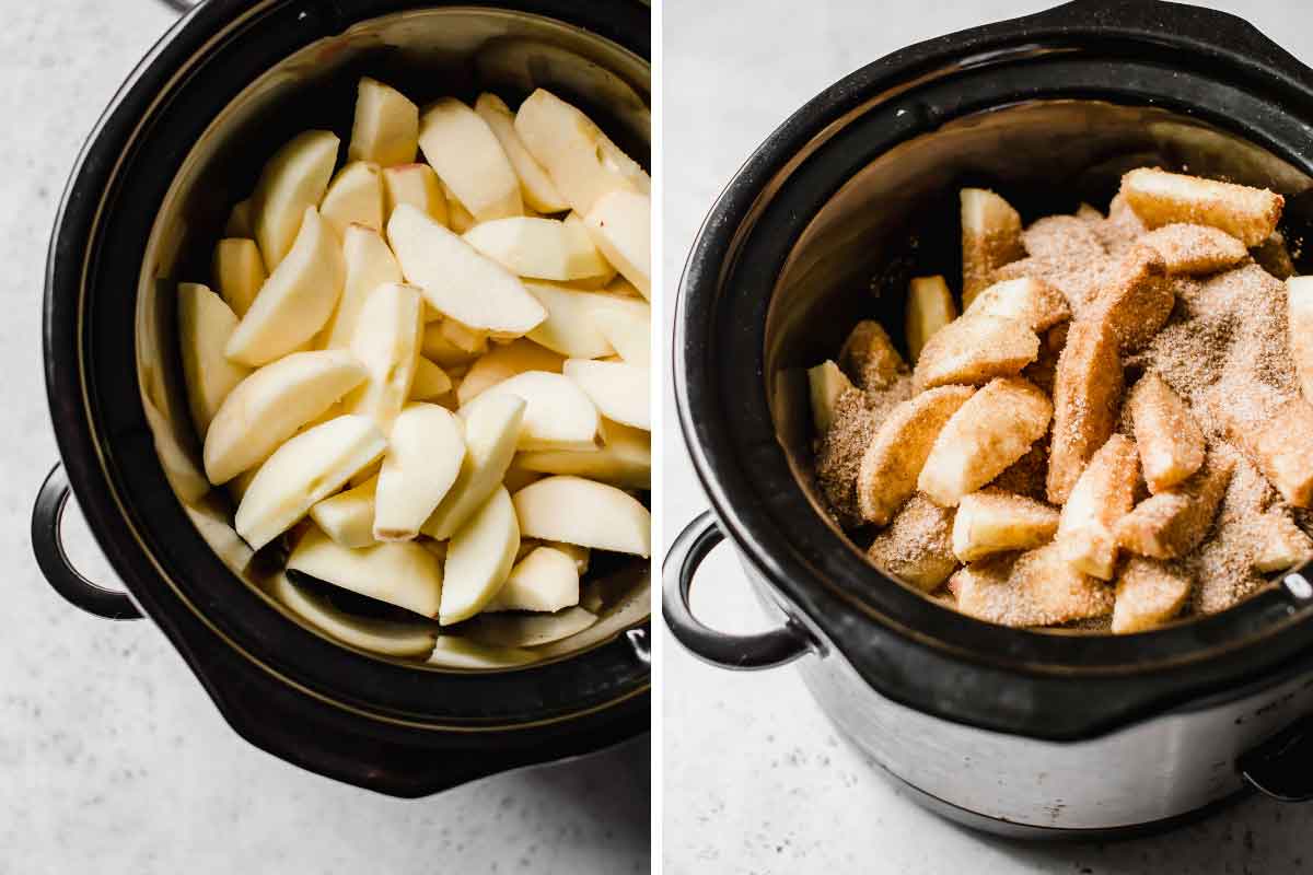 Sliced apples in a slow cooker and covered in a sugar and spice mixture.