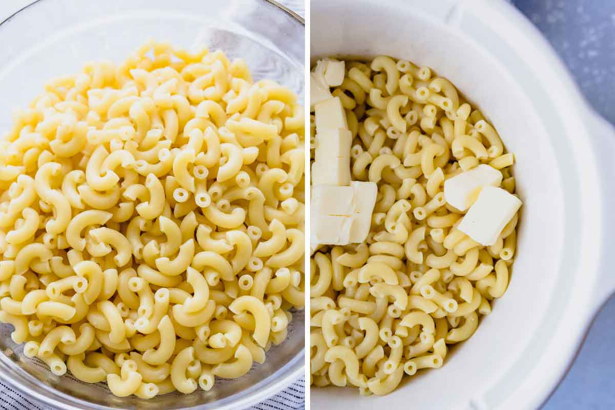 Cooked elbow macaroni noodles in a crock pot with pads of butter on top.