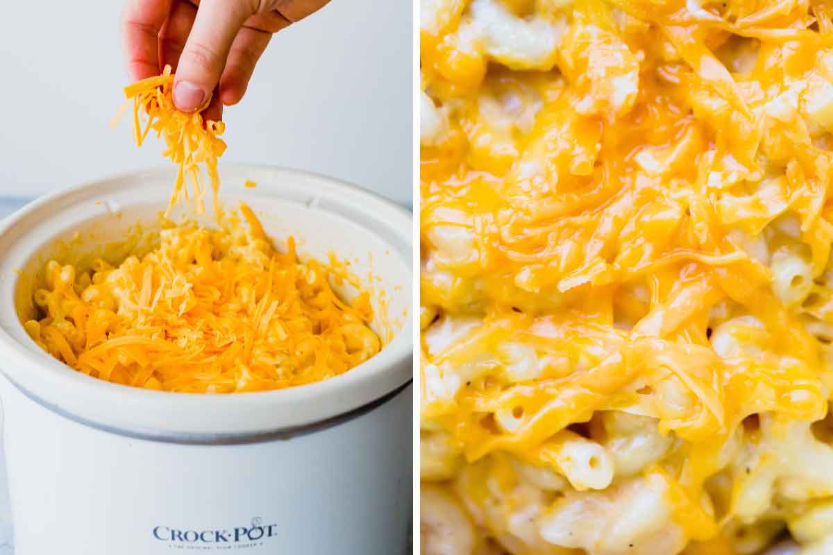 A hand sprinkling shredded cheese on top of macaroni and cheese in a slow cooker, then a close up of the melted cheese.