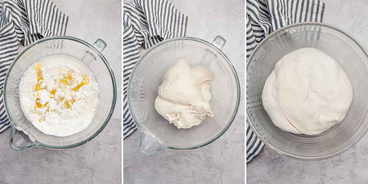 Three-photo collage of mixing together bread dough, then allowing it to rise in a glass bowl.