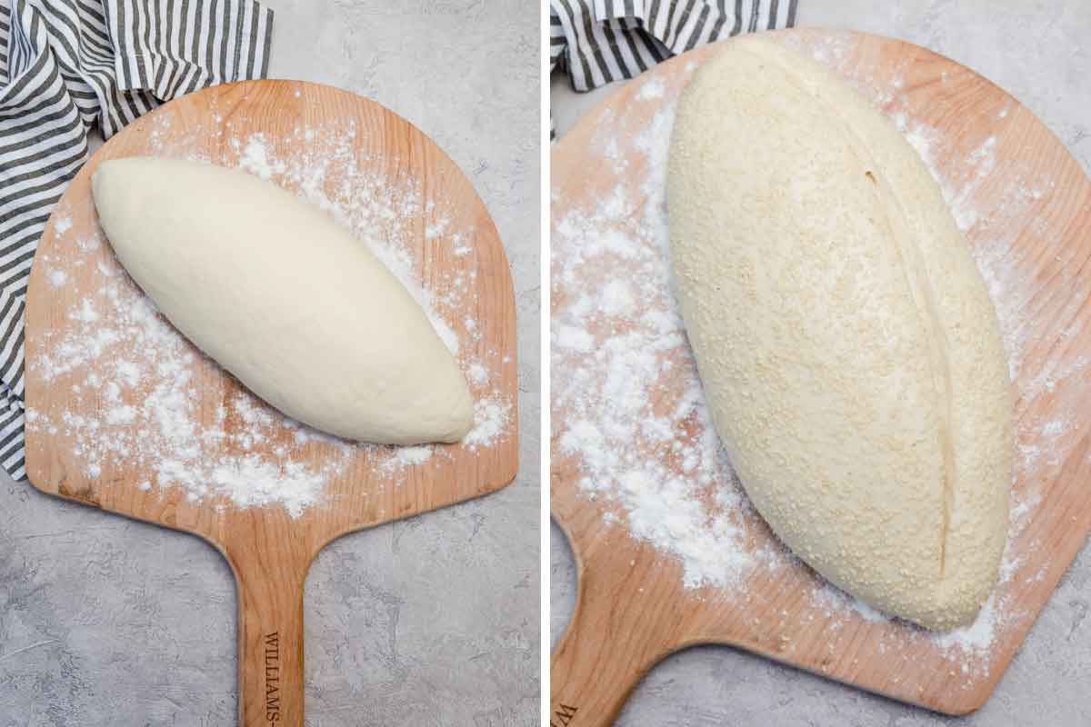 Shaped bread dough on a wooden peel, before and after rising.