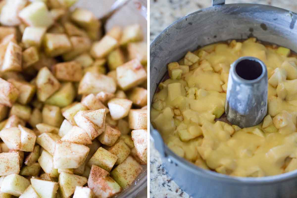 Side by side photos of chopped apples tossed in cinnamon sugar, and apples layered with cake batter in a tube pan.