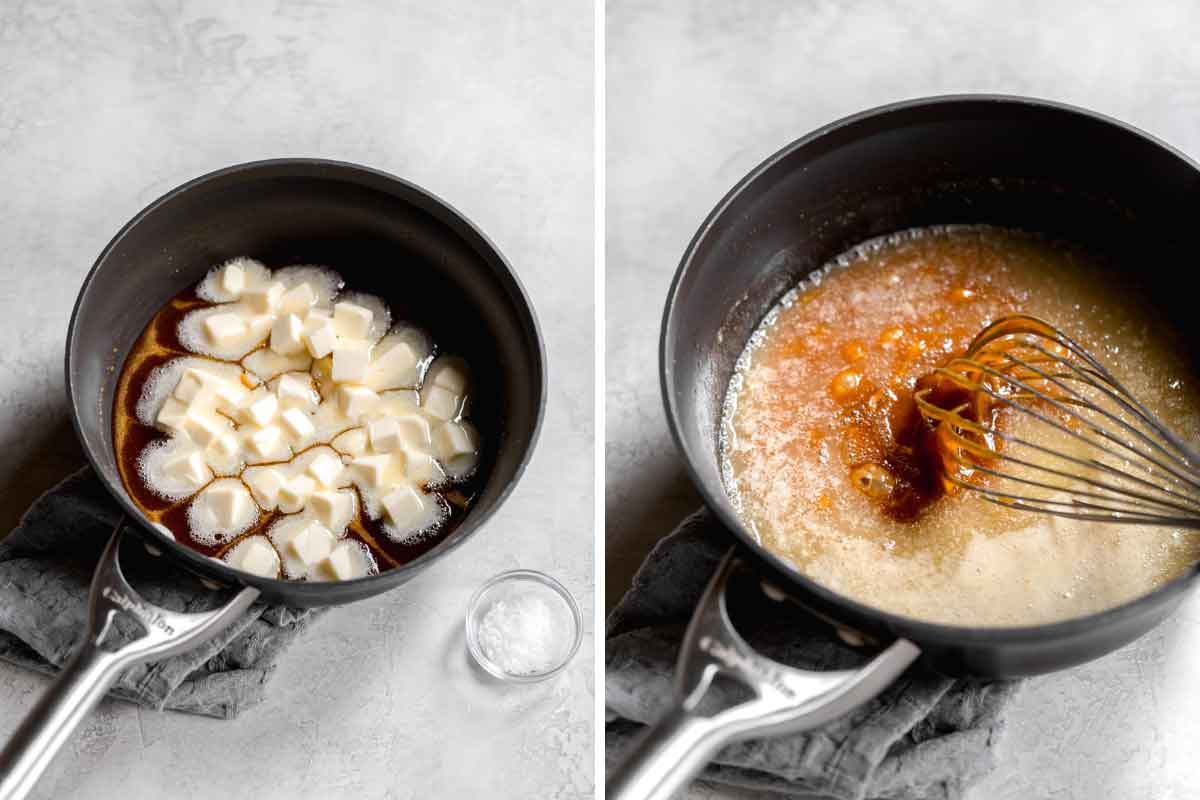 Butter being whisked into melted sugar in a saucepan.