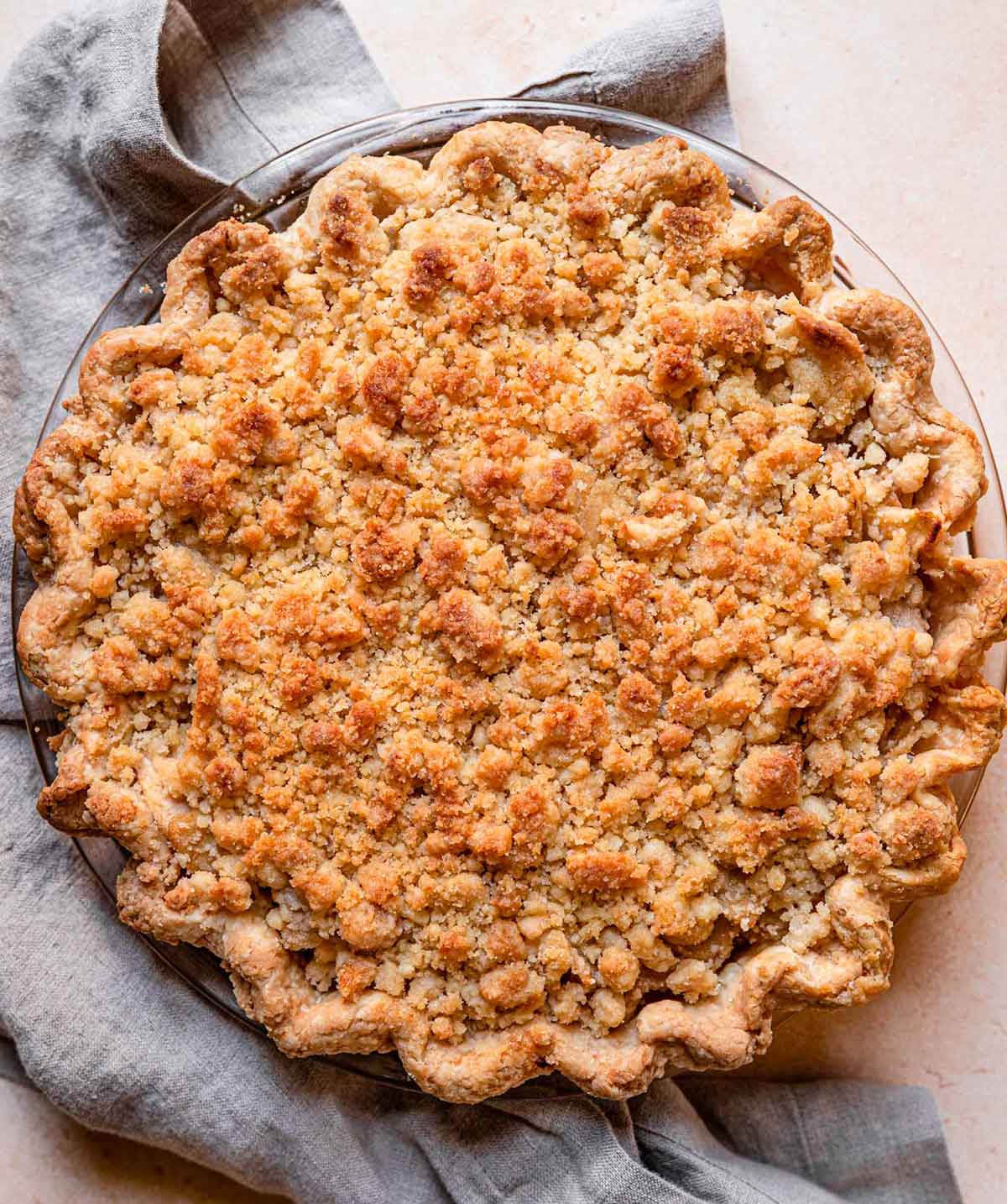 Overhead photo of Dutch apple pie on a countertop.