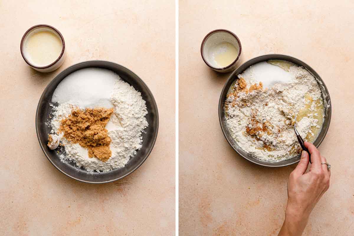 Side by side photos of mixing together ingredients for crumble topping in a bowl.
