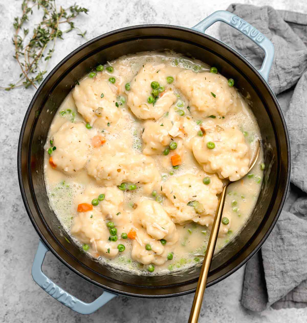 Overhead photo of pot with chicken and dumplings, with fluffy dumplings floating on the surface.