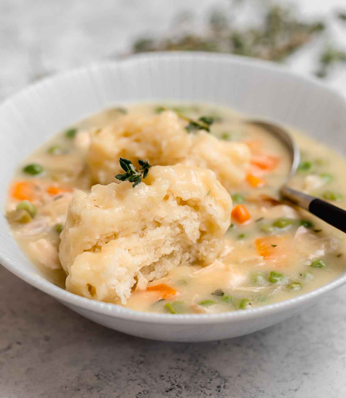 Chicken and dumplings in a white bowl with a spoon and dumpling being broken in half.