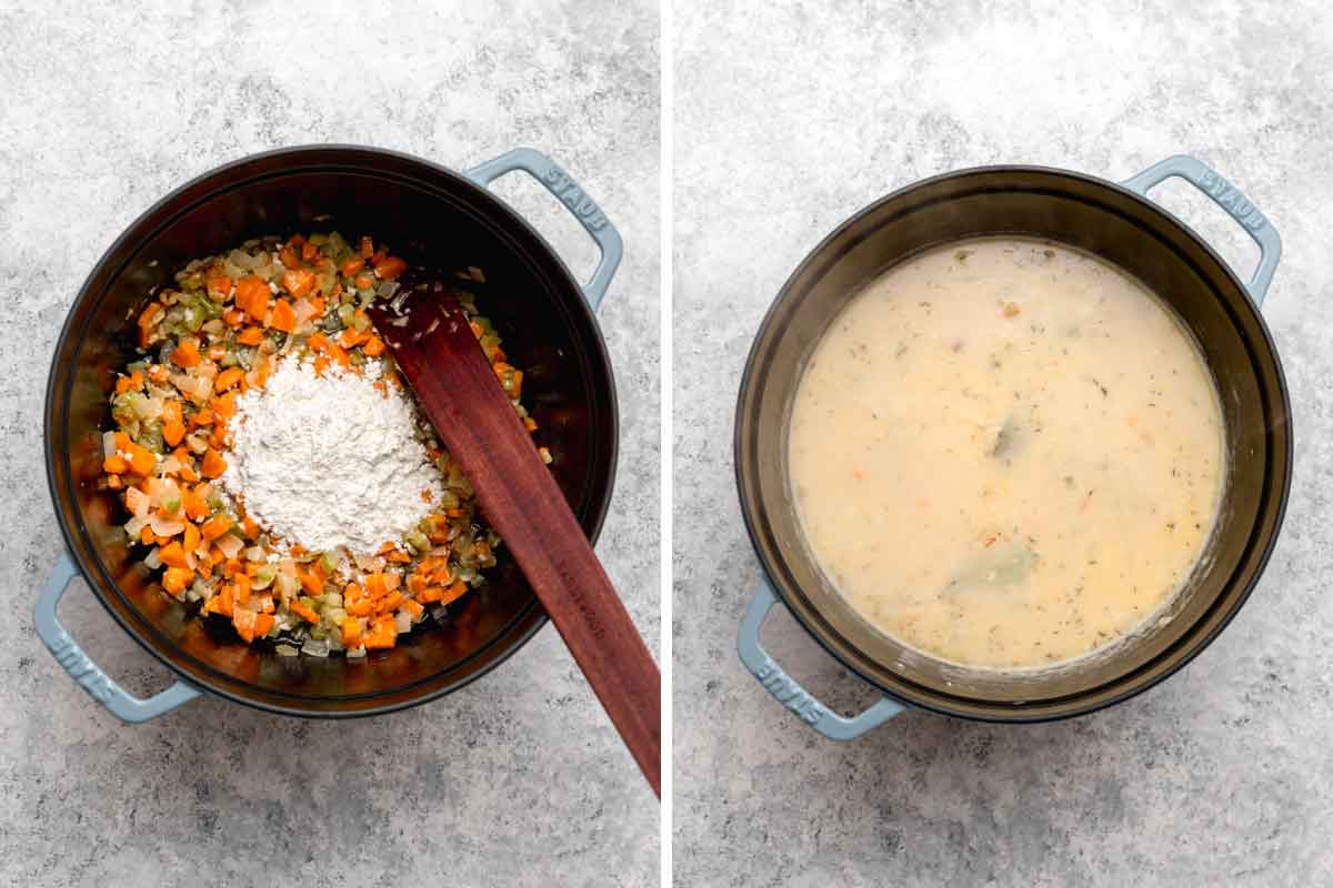 Side by side photos of vegetables being sauteed, flour mixed in, and broth and cream added to pot.