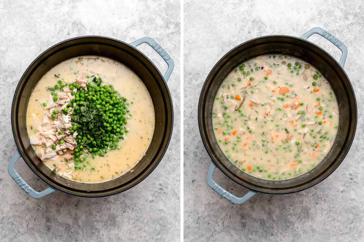 Adding chicken, peas, and parsley to the base stew for chicken and dumplings.