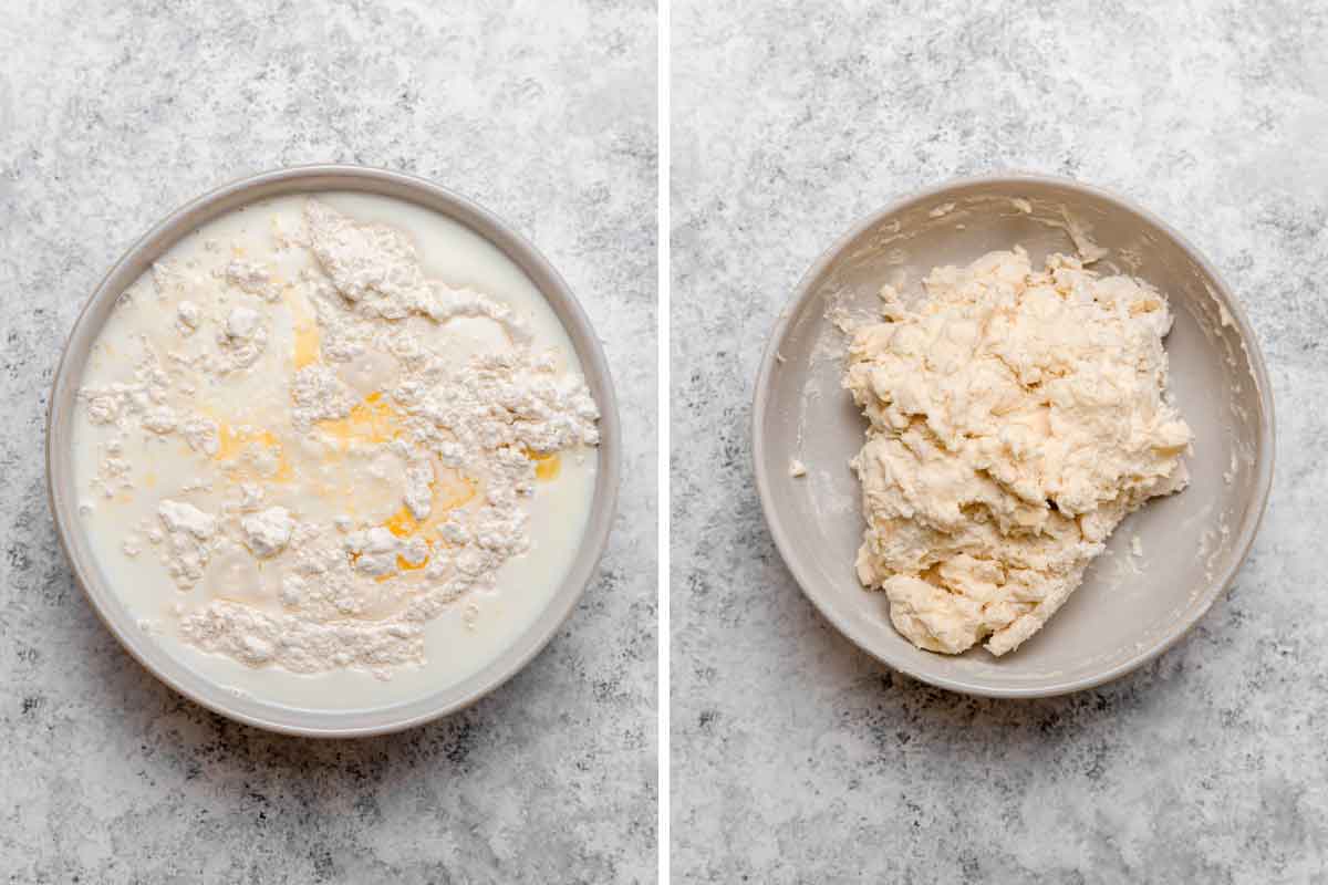 Side by side photos of mixing together dumpling batter.