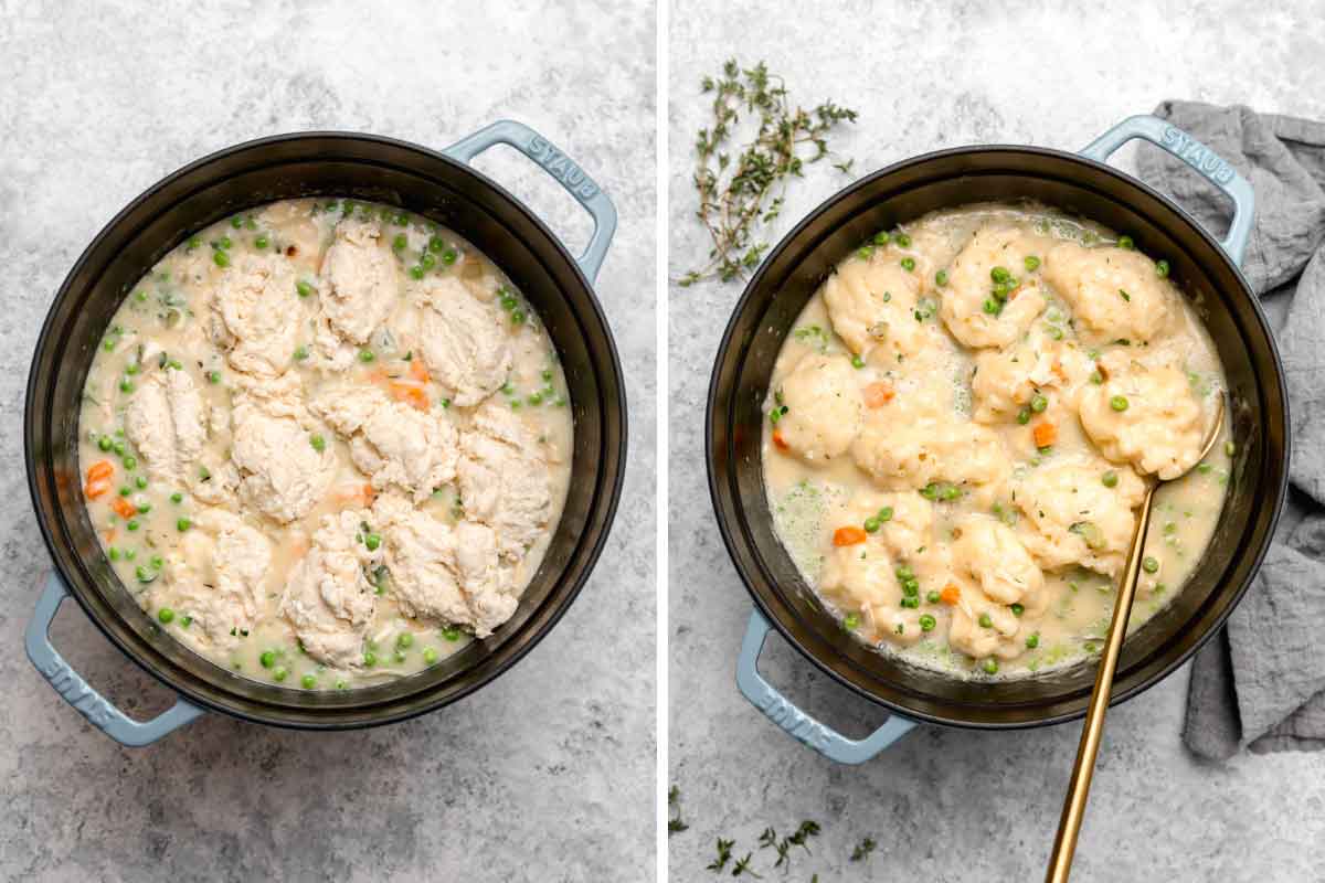 Side by side photos of dumplings dropped on top of chicken stew base, before and after cooking.