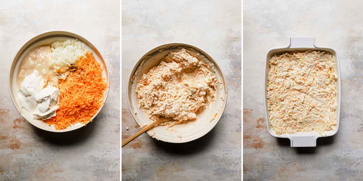 Step by step photos of hashbrown casserole being mixed together and spread in a baking dish.