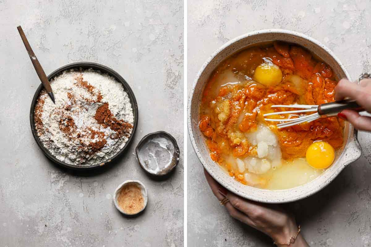 Side by side photos of dry ingredients being whisked in one bowl and wet ingredients being whisked in another bowl.