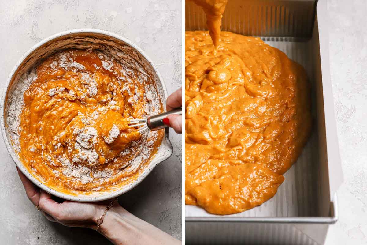 Side by side photos of wet and dry ingredients being stirred together, then batter being poured into a baking pan.